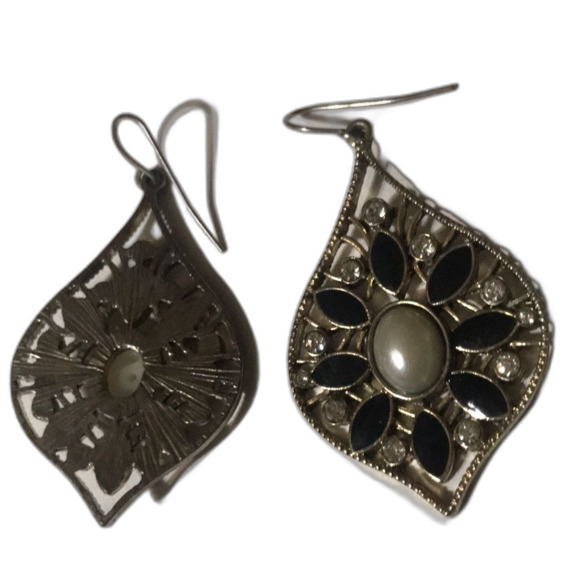 Pearl, Rhinestone, Black Onyx Earrings - Picture 3 of 3